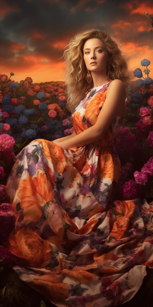 Une femme vêtue d'une robe à fleurs est assise dans un champ de fleurs.