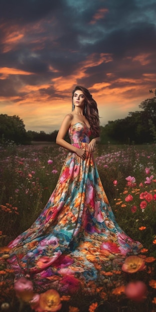 Une femme vêtue d'une robe à fleurs se tient dans un champ de fleurs.