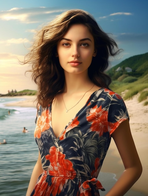 Une femme vêtue d'une robe à fleurs se tient sur une plage.