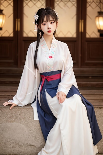 Une femme vêtue d'une robe hanfu blanche