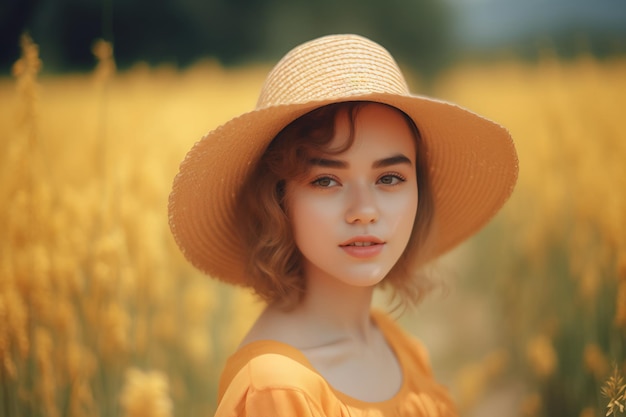 Une femme vêtue d'une robe jaune et d'un chapeau se tient dans un champ de fleurs.