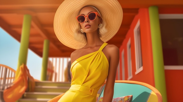 Une femme vêtue d'une robe jaune et d'un chapeau se tient devant une piscine.