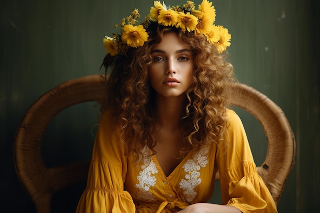 une femme vêtue d'une robe jaune avec des fleurs sur la tête