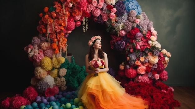 Une femme vêtue d'une robe jaune se tient devant un arc-en-ciel fleuri.