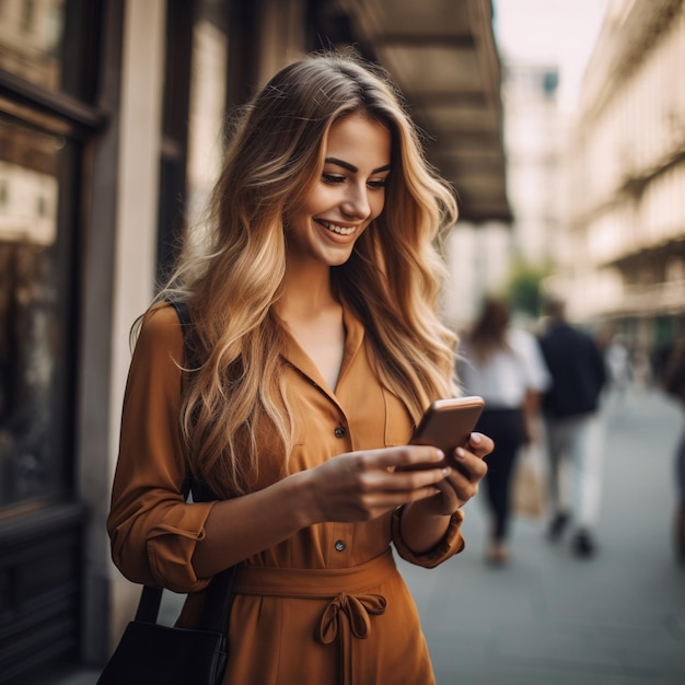 une femme vêtue d'une robe marron envoie des SMS sur son téléphone