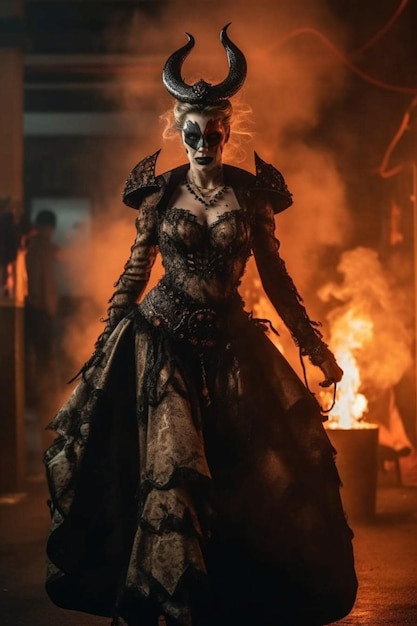 Une femme vêtue d'une robe avec un masque se tient devant un feu.