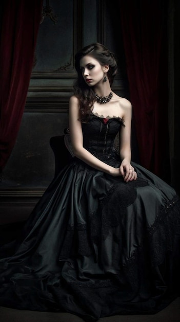 Une femme vêtue d'une robe noire est assise dans une pièce sombre avec un rideau rouge.