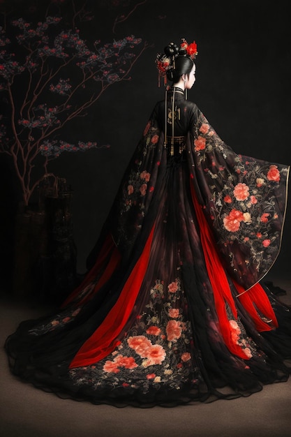 Femme vêtue d'une robe noire et rouge debout devant un arbre ai génératif