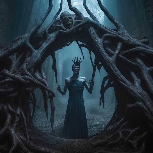 Une femme vêtue d'une robe noire se tient dans une forêt sombre avec un crâne au sol.