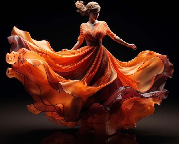 une femme vêtue d'une robe orange danse dans le vent