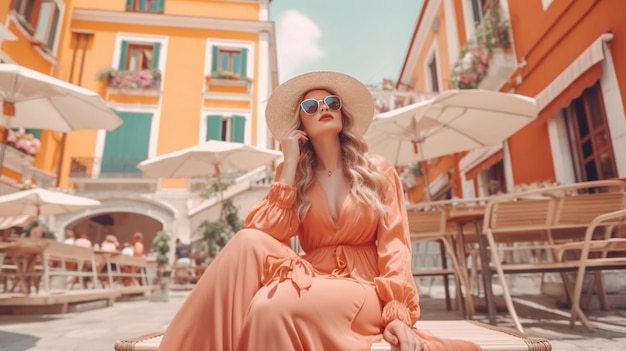 Une femme vêtue d'une robe orange et de lunettes de soleil est assise dans une rue ensoleillée d'Italie