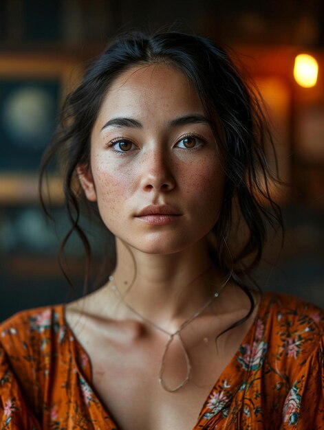 une femme vêtue d'une robe orange regardant la caméra