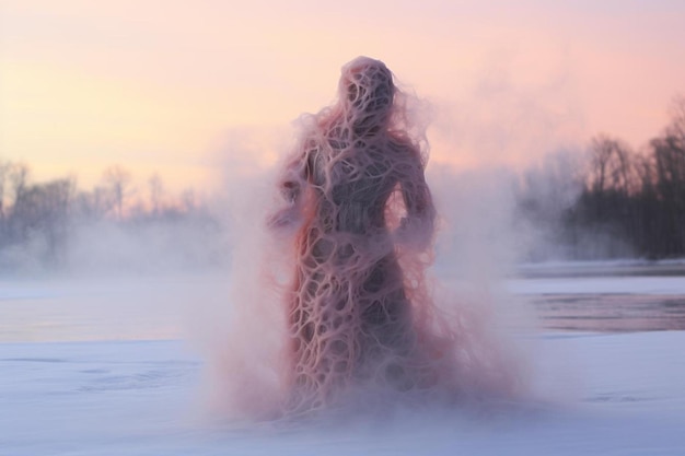 Une femme vêtue d'une robe qui dit " personne ne court " dans la neige.