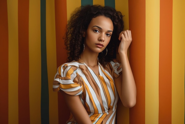 Photo une femme vêtue d'une robe rayée se tient devant un mur rayé.