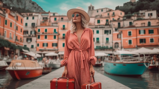 Une femme vêtue d'une robe rose et d'un chapeau tient une valise devant un port avec des bateaux et des bateaux.