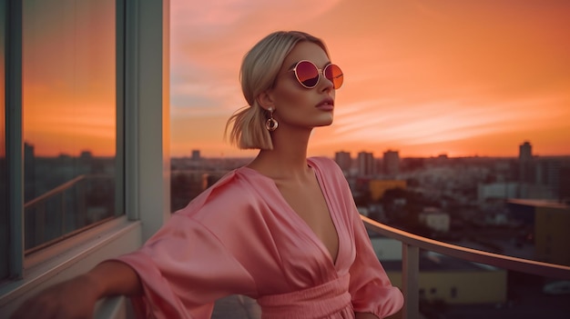 Une femme vêtue d'une robe rose se tient sur un balcon avec un coucher de soleil en arrière-plan.