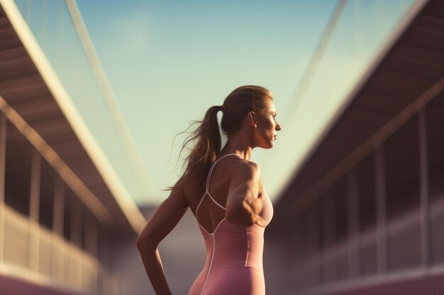 Une femme vêtue d'une robe rose se tient gracieusement devant un magnifique pont Fitness relax et une athlète féminine sur la bonne voie pour une course de relais AI générée