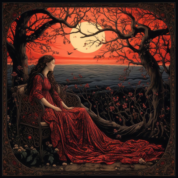 une femme vêtue d'une robe rouge assise sur un banc devant la pleine lune
