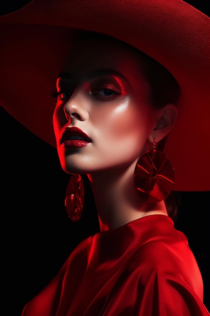 Une femme vêtue d'une robe rouge et d'un chapeau rouge regarde la caméra.