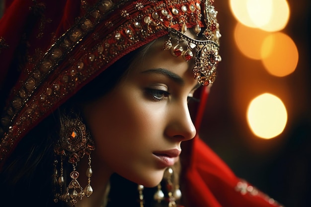 une femme vêtue d'une robe rouge avec une coiffe rouge et des boucles d'oreilles