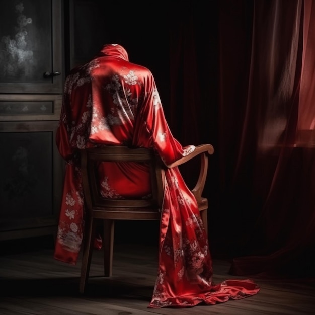 Une femme vêtue d'une robe rouge est assise dans une pièce sombre avec une fenêtre qui dit "le mot" dessus.