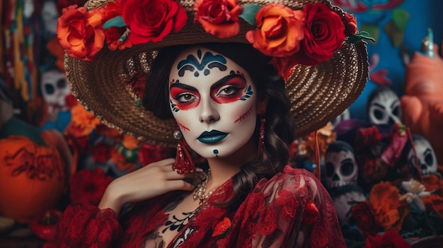 Une femme vêtue d'une robe rouge avec une fleur sur le visage se tient devant une scène mexicaine.