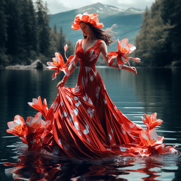 une femme vêtue d'une robe rouge avec des fleurs dans l'eau