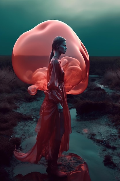 Photo une femme vêtue d'une robe rouge se tient dans une flaque d'eau avec un grand cœur rouge en arrière-plan.