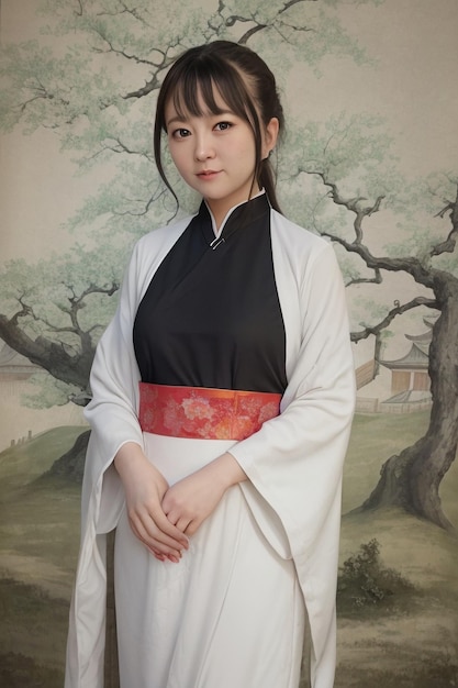 Une femme vêtue d'une robe traditionnelle chinoise se tient devant une peinture représentant un arbre.