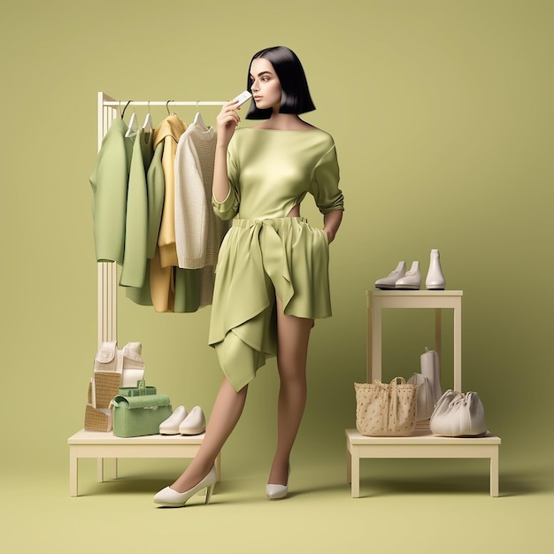 Une femme vêtue d'une robe verte se tient devant un portant de vêtements.