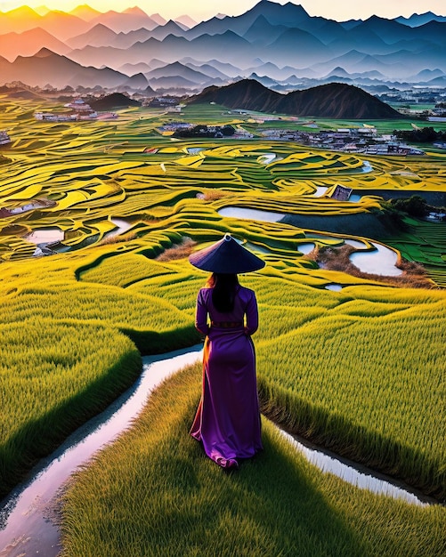 Photo une femme vêtue d'une robe violette se tient sur un chemin en regardant un paysage.