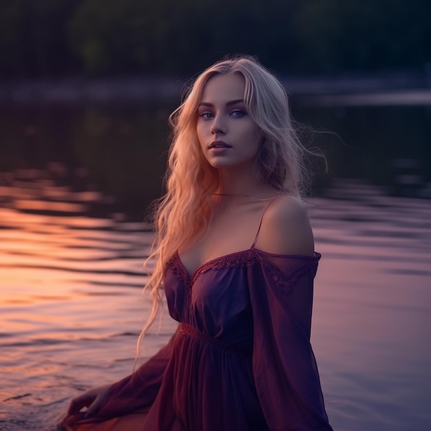 une femme vêtue d'une robe violette se tient dans l'eau avec le soleil derrière elle