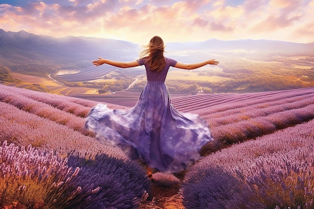 Une femme vêtue d'une robe violette se tient debout dans un champ de lavande, les bras tendus.