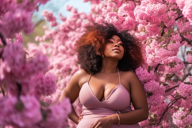 Une femme vêtue d'une robe violette se tient devant un buisson fleuri aux fleurs roses