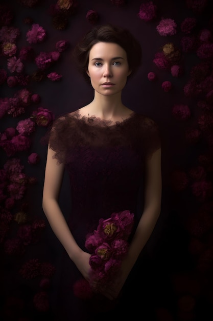 Une femme vêtue d'une robe violette se tient devant un fond sombre avec un grand bouquet de fleurs.