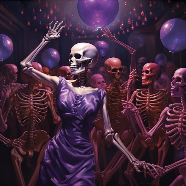 une femme vêtue d'une robe violette tient un bâton avec les mots « squelette » dessus.