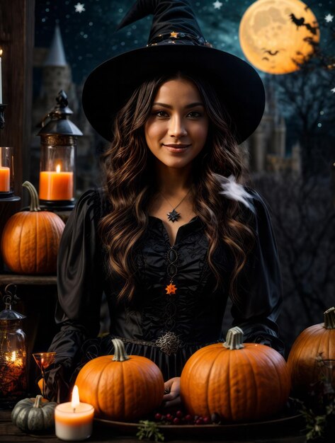 Photo une femme vêtue d'une tenue d'halloween portant une lanterne de citrouille pour la célébration d'helloween