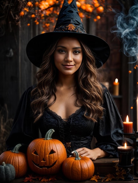 une femme vêtue d'une tenue d'Halloween portant une lanterne de citrouille pour la célébration d'Helloween