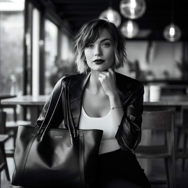 une femme vêtue d'une veste en cuir est assise dans un restaurant.