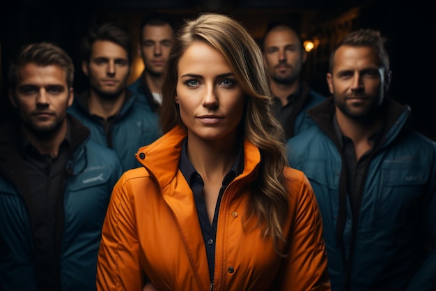 Une femme vêtue d'une veste orange se tient devant un groupe d'hommes.