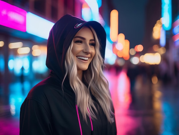 une femme vêtue de vêtements futuristes aime se promener tranquillement dans les rues de la ville au néon