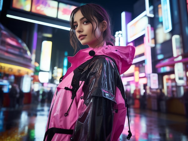 une femme vêtue de vêtements futuristes aime se promener tranquillement dans les rues de la ville au néon