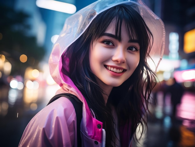 une femme vêtue de vêtements futuristes aime se promener tranquillement dans les rues de la ville au néon