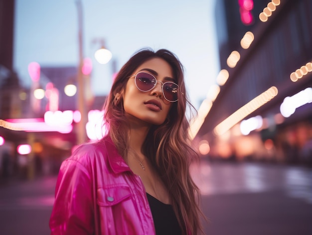 une femme vêtue de vêtements futuristes aime se promener tranquillement dans les rues de la ville au néon