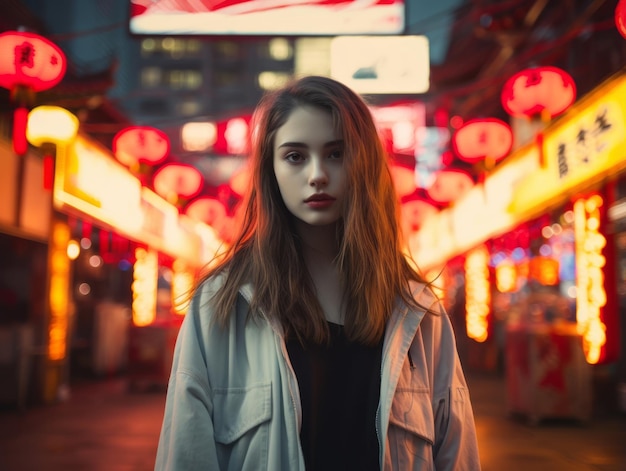 une femme vêtue de vêtements futuristes aime se promener tranquillement dans les rues de la ville au néon