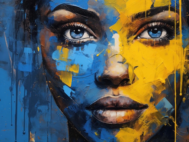 Femme vibrante couverte de peinture bleue et jaune générée par l'IA