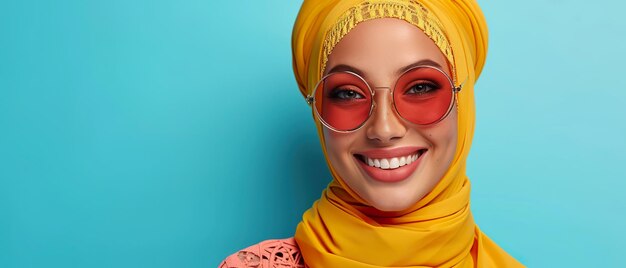Une femme vibrante avec un foulard jaune et des lunettes rouges.
