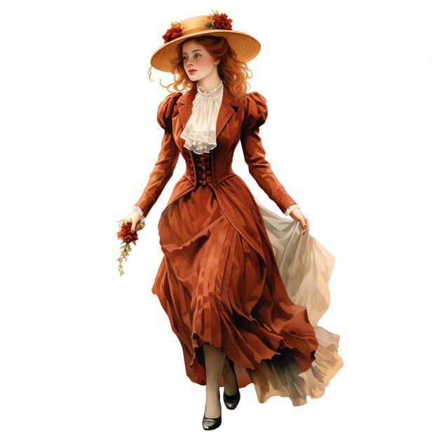 Photo femme victorienne aux cheveux roux dans une robe brune plein corps mode vintage