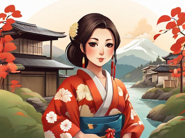 Photo une femme de village japonaise traditionnelle avec un kimono chibi illustration de style artistique