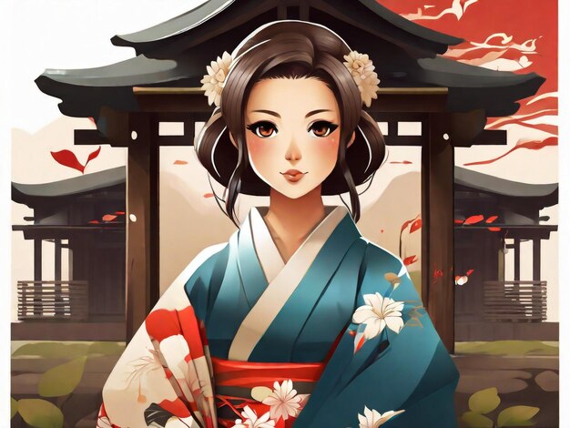 Photo une femme de village japonaise traditionnelle avec un kimono chibi illustration de style artistique